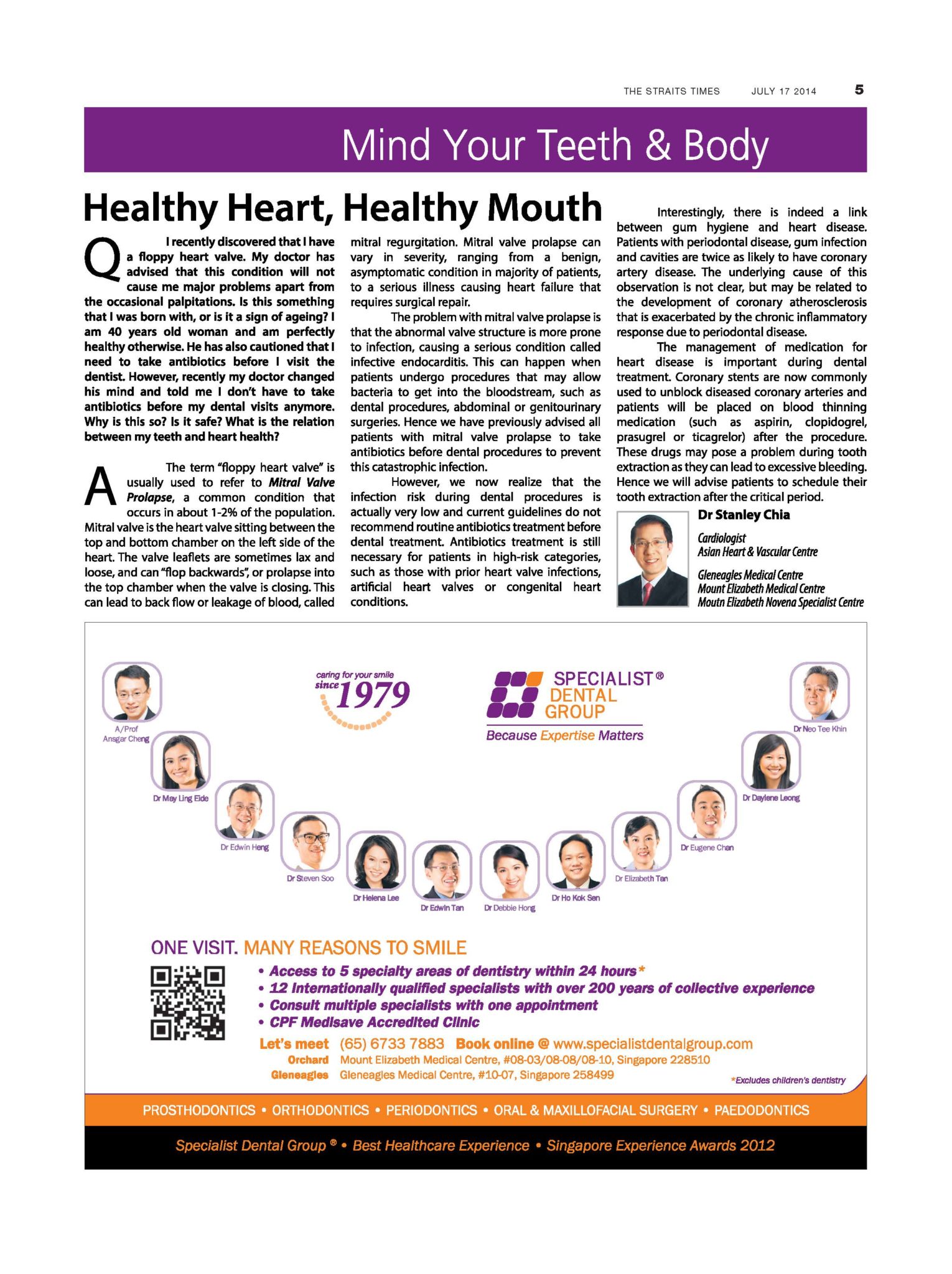 The Straits Times, Mind Your Body, July 17, 2014: “Healthy Heart, Healthy Mouth”